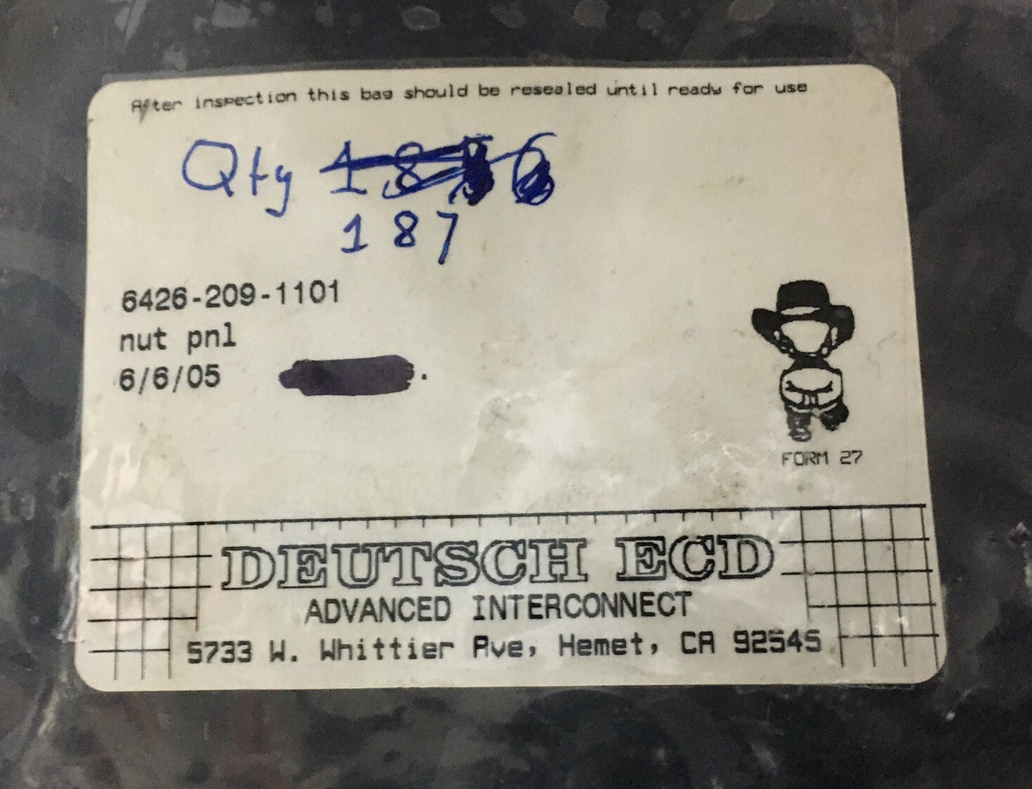 1 CONFEZIONE DA 187 PZ - DEUTSCH ECD ADVANCED INTERCONNECT 6426-209-1101 DADO PNL