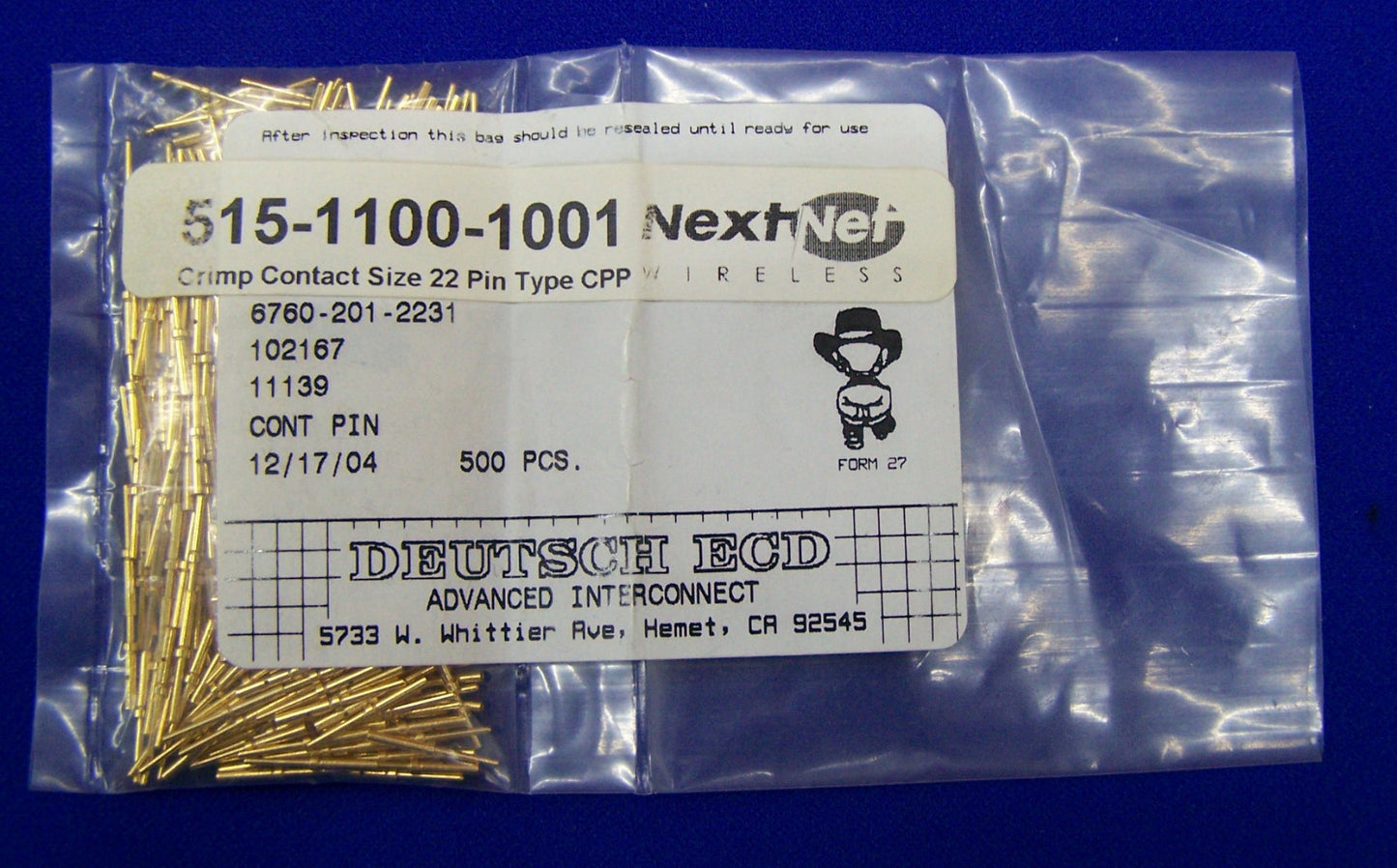 DEUTSCH ECD 6760-201-2231 CONTACT À SERTIR PLAQUÉ OR BROCHE 22AWG 1 PAQUET DE 500