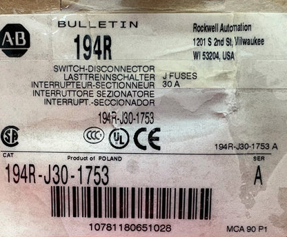 Allen Bradley AB 194R-J30-1753 SER A SWITCH DISCONNECTOR 3-POLE 600V 30AMP