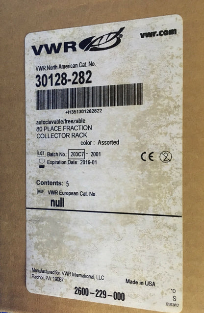 1 PKG OF 5 VWR 30128-282 AUTOCLAVABLE/FREEZABLE 80 PLACE FRACTION COLLECTOR RACK