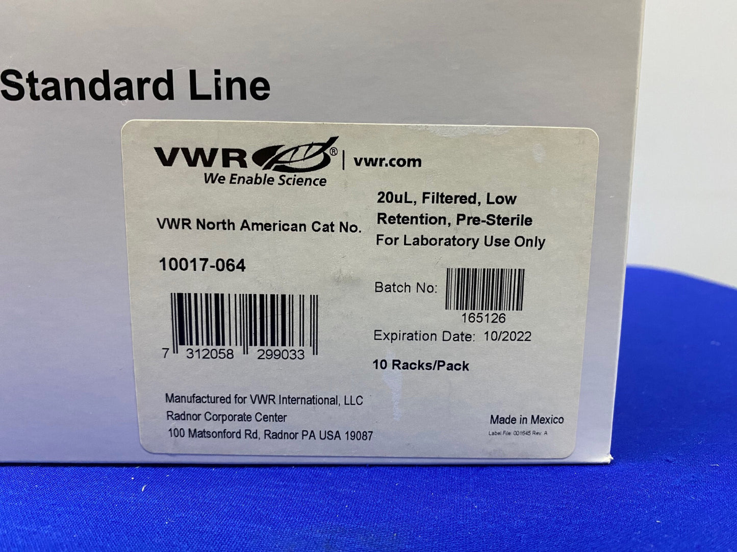 VWR 10017-064 EMBOUTS DE PIPETTES GAMME STANDARD 20 µl - 1 PAQUET DE 10 RACKS DE 96 EMBOUTS