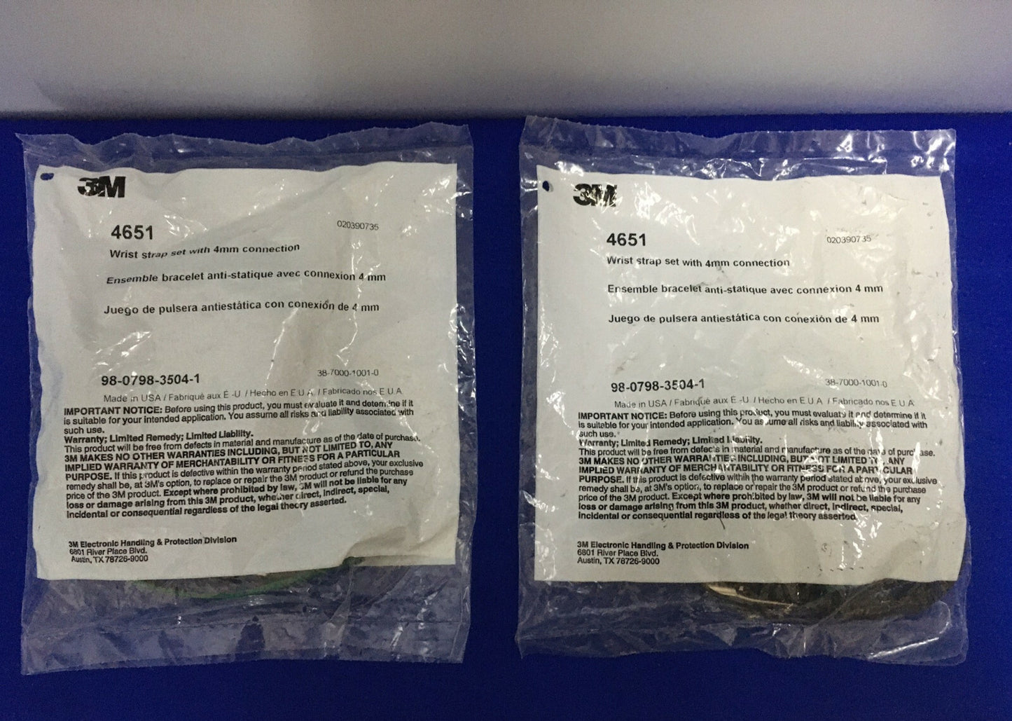 LOT OF 2 - 3M 4651 020390735 98-0798-3504-1 WRIST STRAP SET WITH 4mm CONNECTION