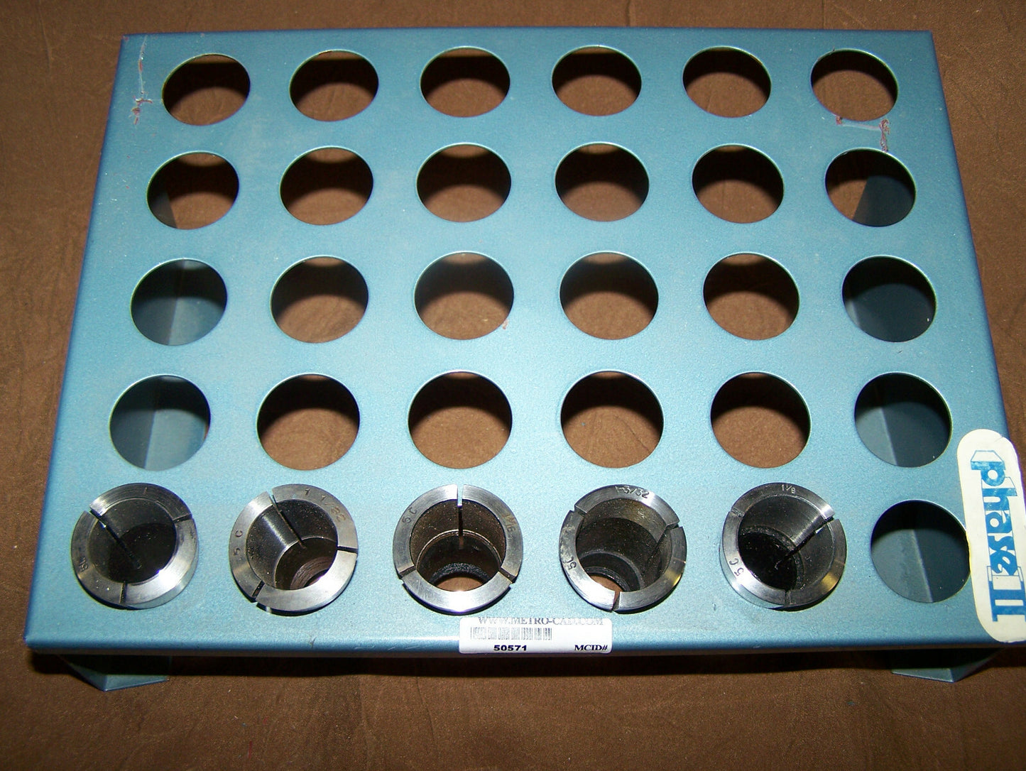 COLLET SET CONTINUED INCLUDES: HOLDER,1",1 1/32,1 1/16,1 3/32,1 1/8, 5 c's