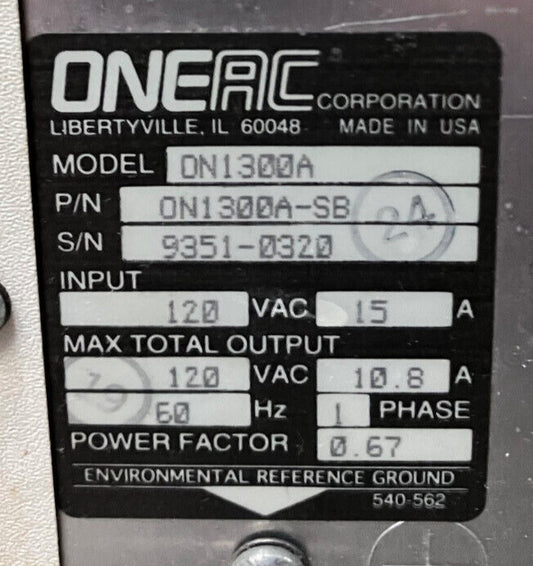 ONEAC CORPORATION POWER CONDITIONING SYSTEM ON1300A-SB