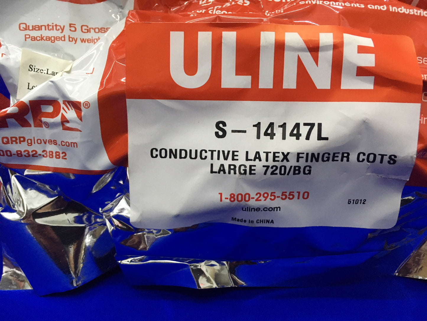 1 PACKAGE - ULINE S-14147L CONDUCTIVE LATEX FINGER COTS LARGE 720/BG