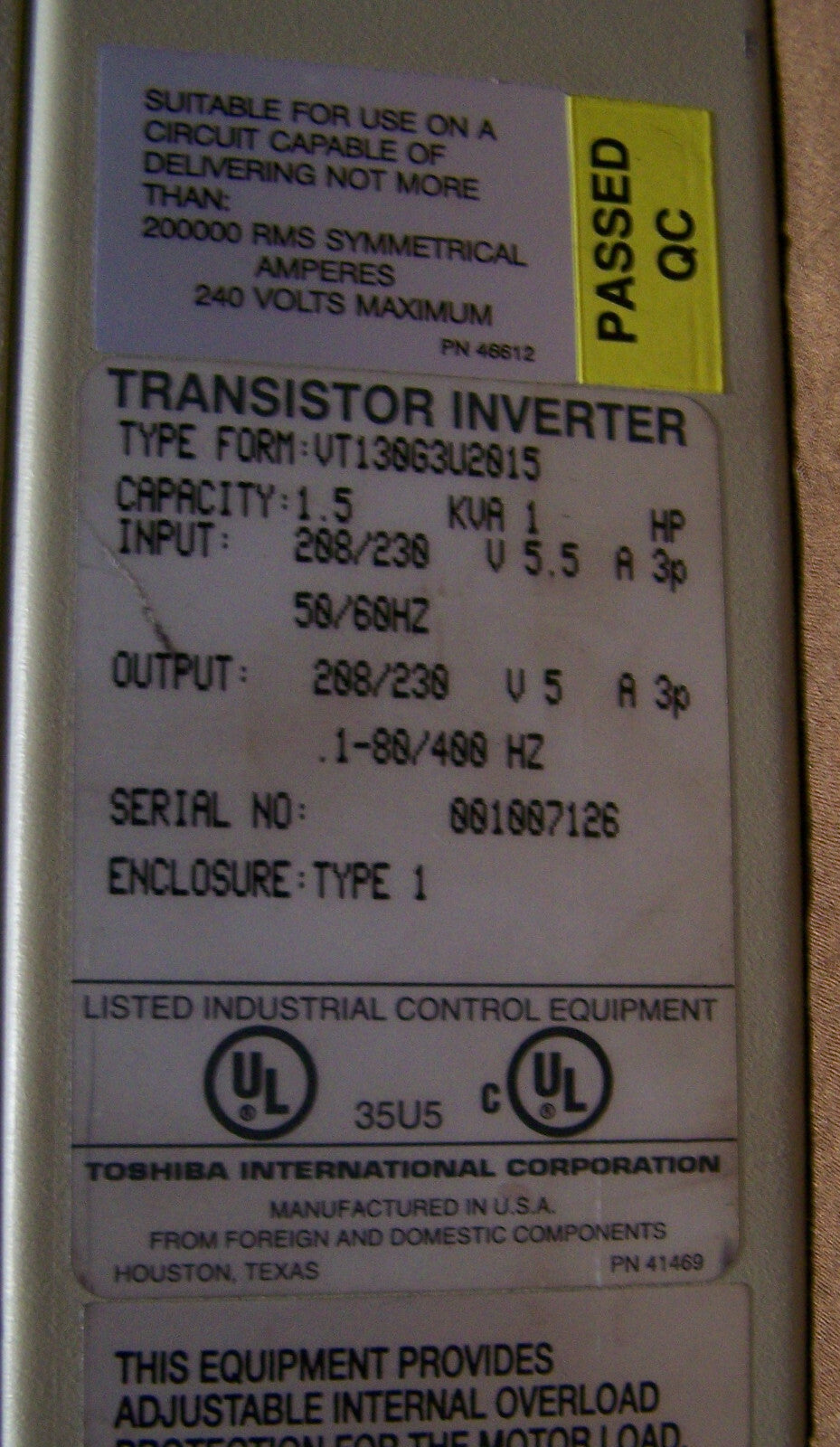 TOSHIBA MODEL G3 TOSVERT-130 TRANSISTOR INVERTER