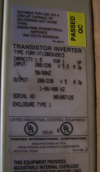 TOSHIBA MODEL G3 TOSVERT-130 TRANSISTOR INVERTER