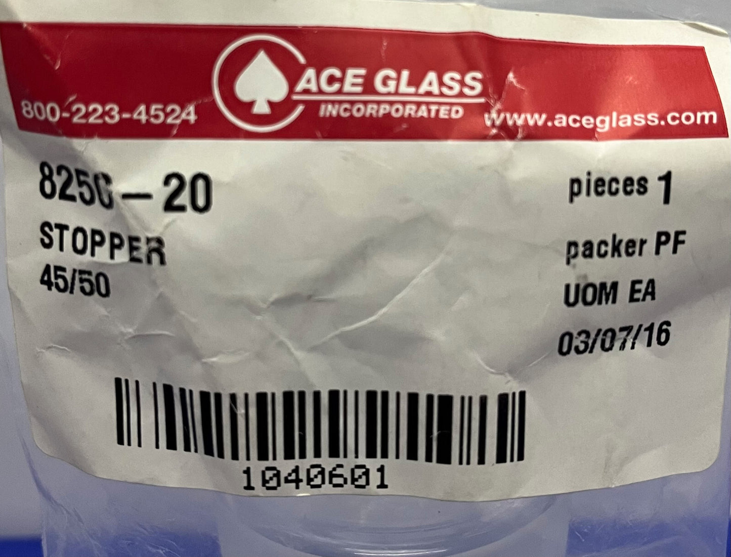 ACE GLASS 8250-20 Hohlglasstopfen über die gesamte Länge, 45/50-Verbindung – 1 Charge, Menge 2