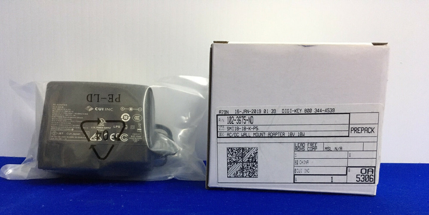 CUI, INC./ DIGI-KEY,102-3675-ND / SMI18-18-K-P5,AC/DC WALL MOUNT ADAPTER 18V 18W