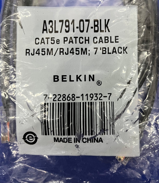 BELKIN®  CAT5e PATCH CABLE RJ45M/RJ45M 7’ BLACK A3L791-07-BLK - 1 LOT QTY 6
