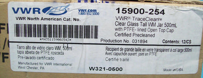 VWR CAT NO 15900-254 TRACECLEAN CLEAR GLASS TALL WM JAR 500ml