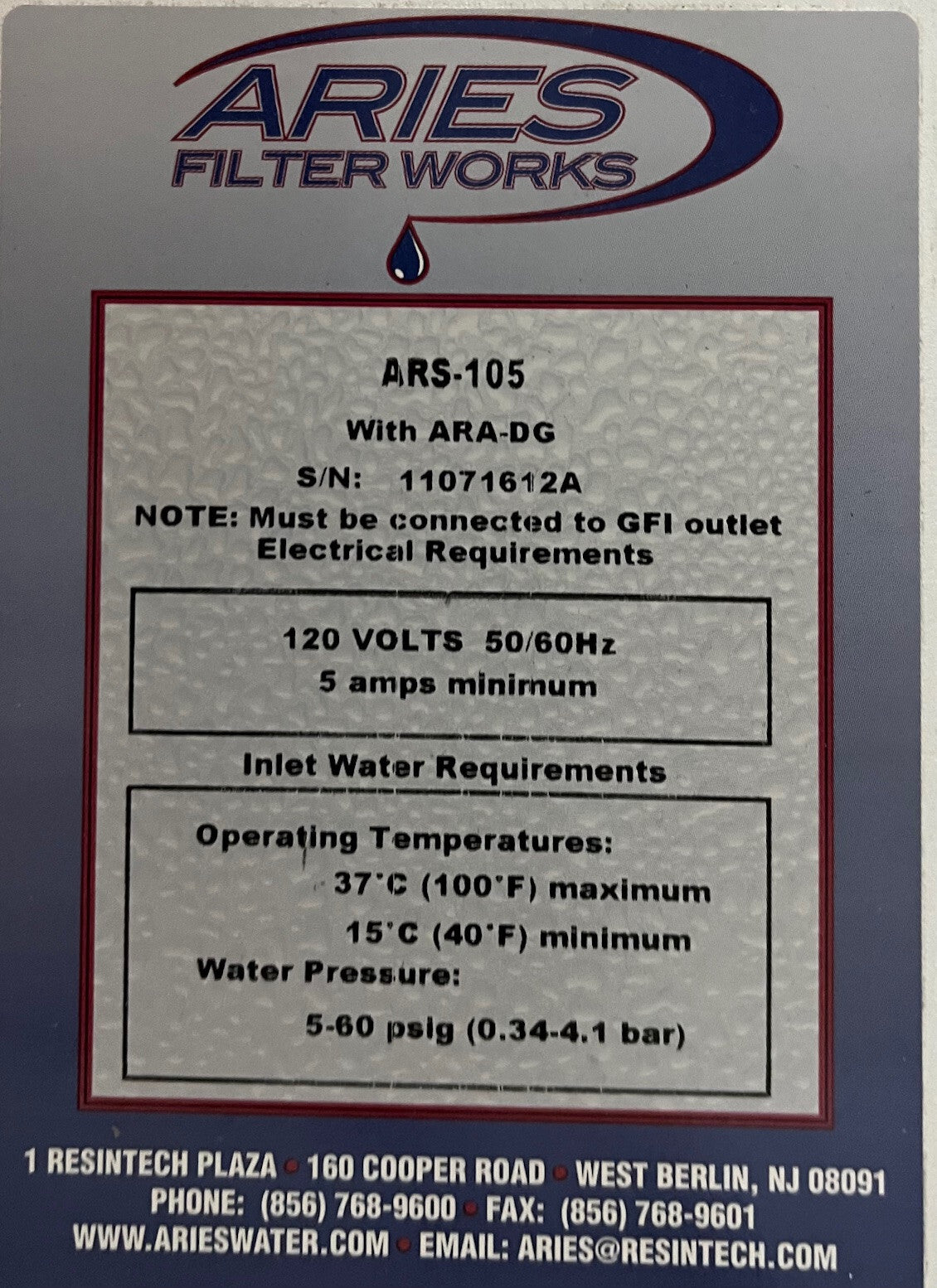ARIES ARS-105 FILTERWORKS PURIFICATION HIGH PURITY WATER SYSTEM - PART/REPAIR