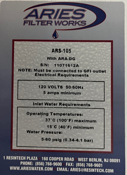 ARIES ARS-105 FILTERWORKS PURIFICATION HIGH PURITY WATER SYSTEM - PART/REPAIR