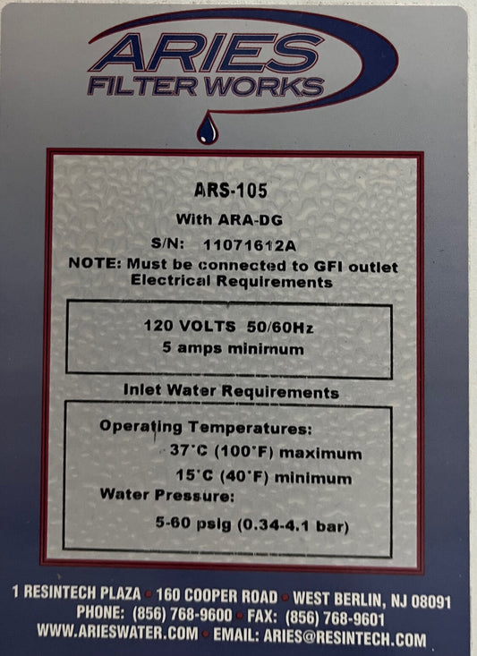 ARIES ARS-105 FILTERWORKS PURIFICATION HIGH PURITY WATER SYSTEM - PART/REPAIR