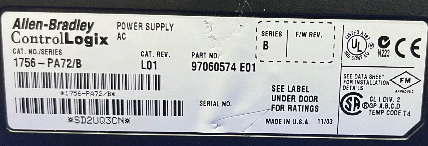 Allen-Bradley AB CONTROLLOGIX 1756-PA72/B SER B AC POWER SUPPLY - PARTS/REPAIR