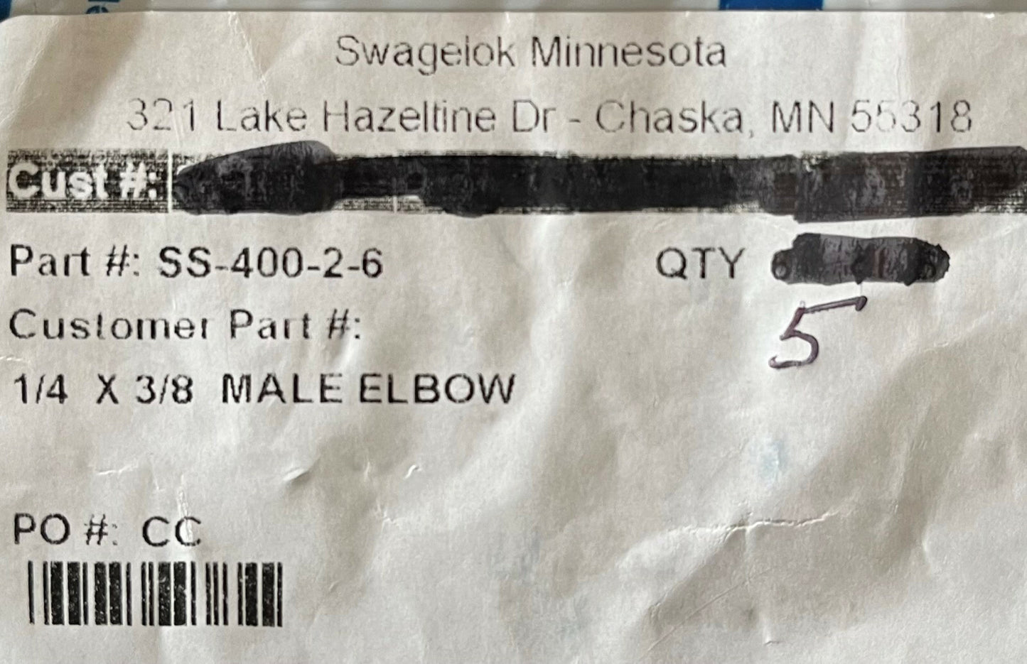 1 PKG OF QTY 5 Swagelok SS-400-2-6 Tube Fitting & Adapter Male Elbow 1/4 x 3/8