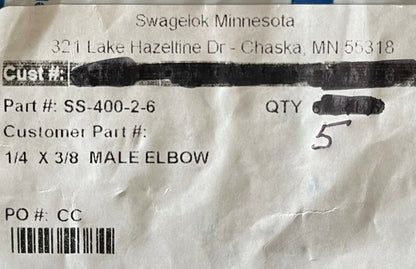 1 PKG OF QTY 5 Swagelok SS-400-2-6 Tube Fitting & Adapter Male Elbow 1/4 x 3/8