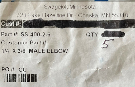 1 PKG OF QTY 5 Swagelok SS-400-2-6 Tube Fitting & Adapter Male Elbow 1/4 x 3/8