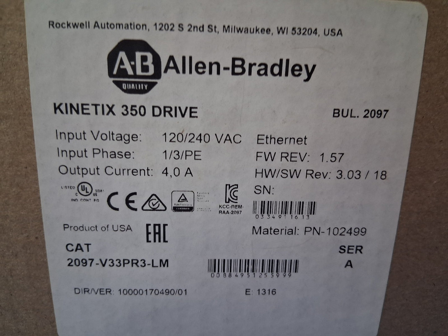 Allen Bradley KINETIX 350 SERVO DRIVE  2097-V33PR3-LM PN-102499 120V /240  NEW