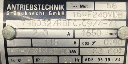 ANTRIEBSTECHNIK 7960327RBF0.0974-71 MOTOR 1650/min 2.0A 115V 60Hz. ITEM IS USED.