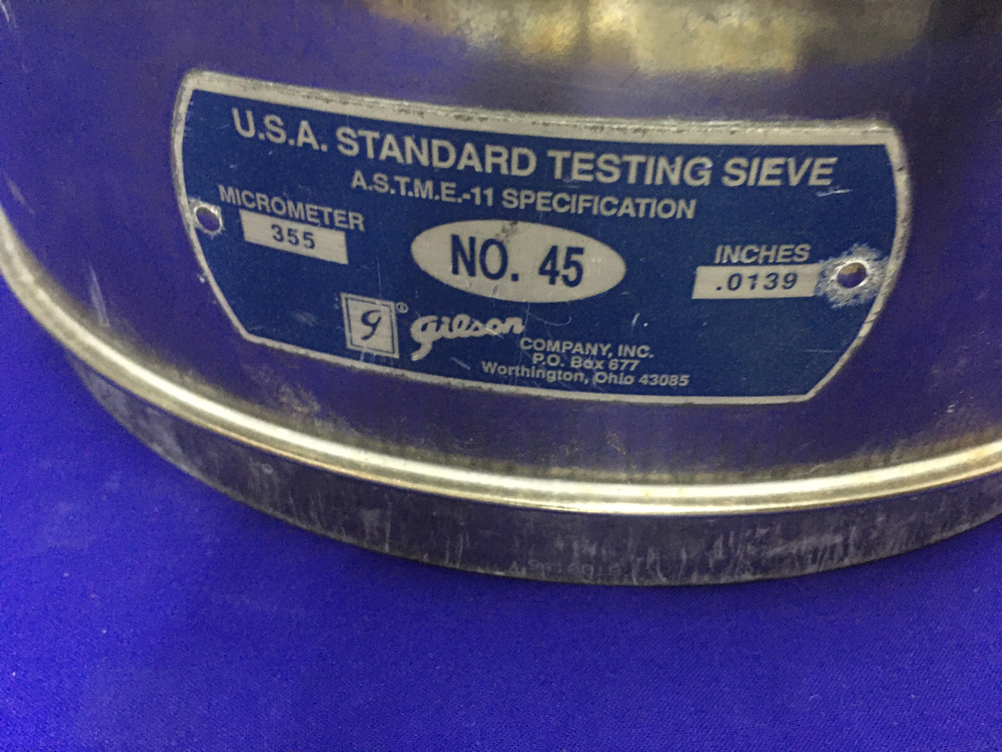 GILSON NO. 45 STANDARD TESTING SIEVE,.0139 INCHES,355 MICROMETER