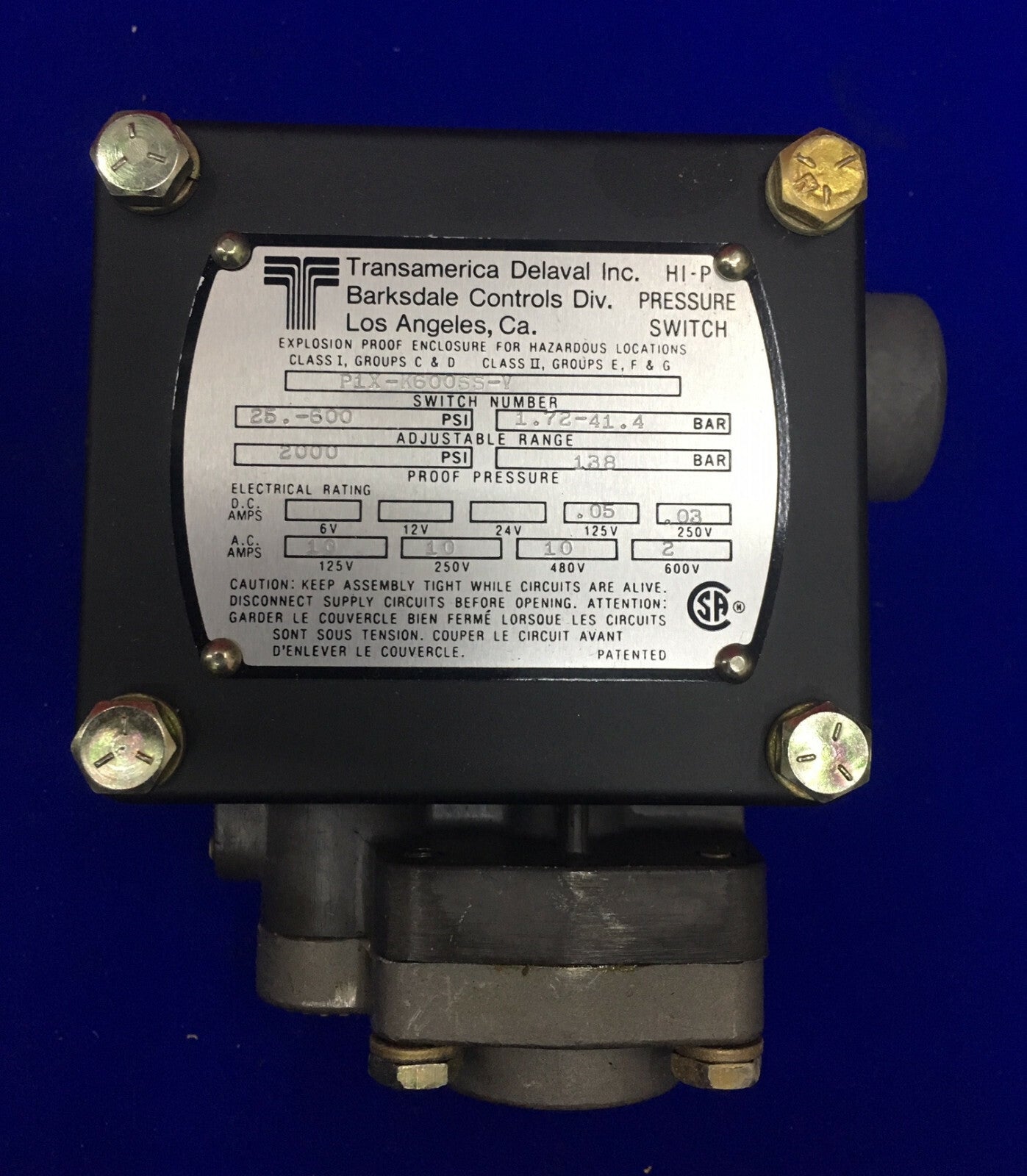 TRANSAMERICA DELAVAL BARKSDALE CONTROLS P1X-K600SS-V PRESSURE SWITCH