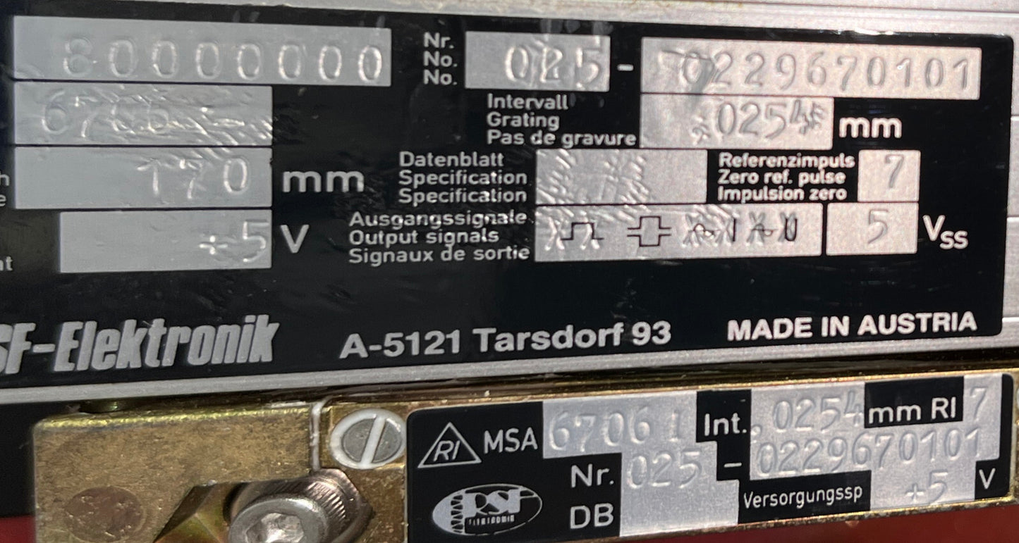 RSF ELEKTRONIK MSA 6706 67061 170MM LINEAR ENCODER W/ Parker Daedal 106061C20ELH