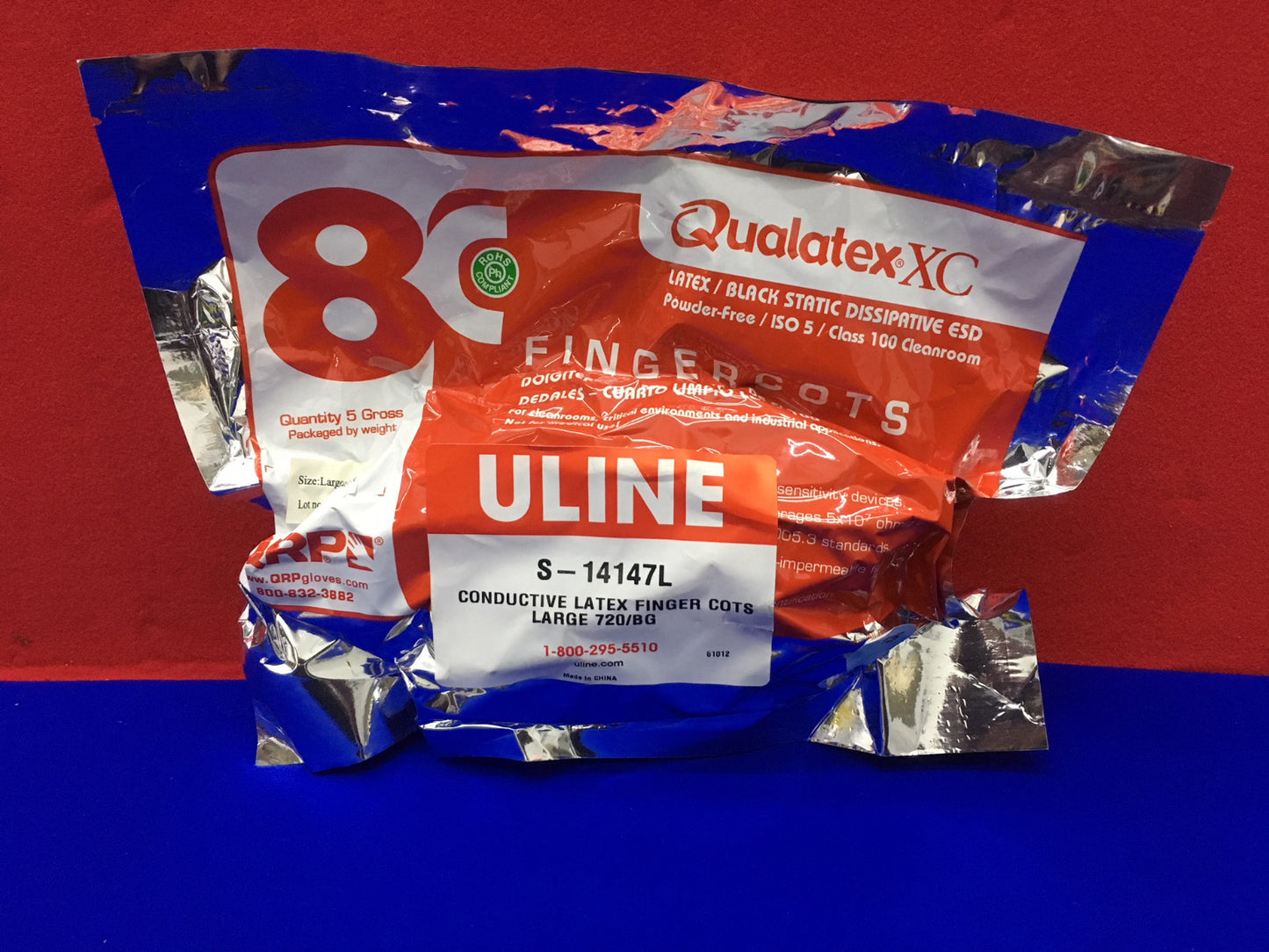 1 PACKAGE - ULINE S-14147L CONDUCTIVE LATEX FINGER COTS LARGE 720/BG