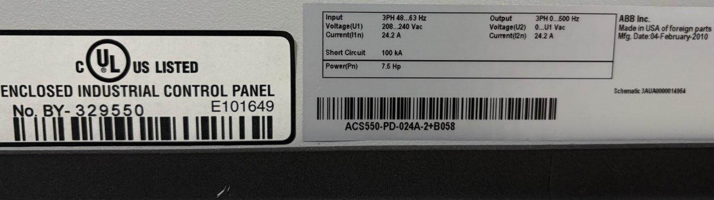 ABB ACS550-PD-024A-2+B058 7.5 GENERAL PURPOSE VARIBLE FREQ DRIVE DISCON. SWITCH