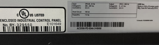 ABB ACS550-PD-024A-2+B058 7.5 GENERAL PURPOSE VARIBLE FREQ DRIVE DISCON. SWITCH