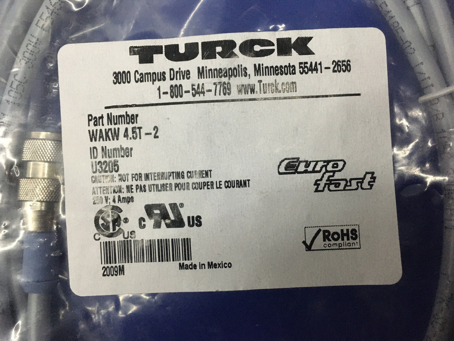 TURCK WAKW 4.5T-2 / WAKW45T2 CORDSET LUNGHEZZA 2 METRI