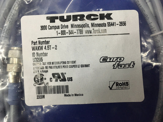 TURCK WAKW 4.5T-2 / WAKW45T2 CORDSET 2 METER LENGTH