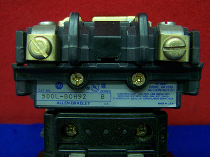 ALLEN BRADLEY AB 500L-BOH92 SERIES B,30 AMP CONT. RATING AC CONTACTOR