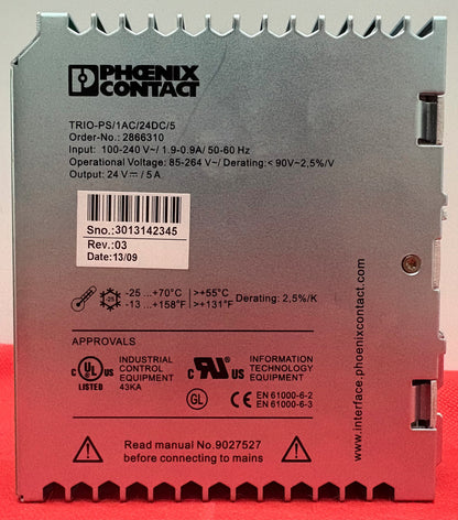 PHOENIX CONTACT TRIO-PS/1AC/24DC/5 (ORD:2866310) POWER SUPPLY 100–240 VAC