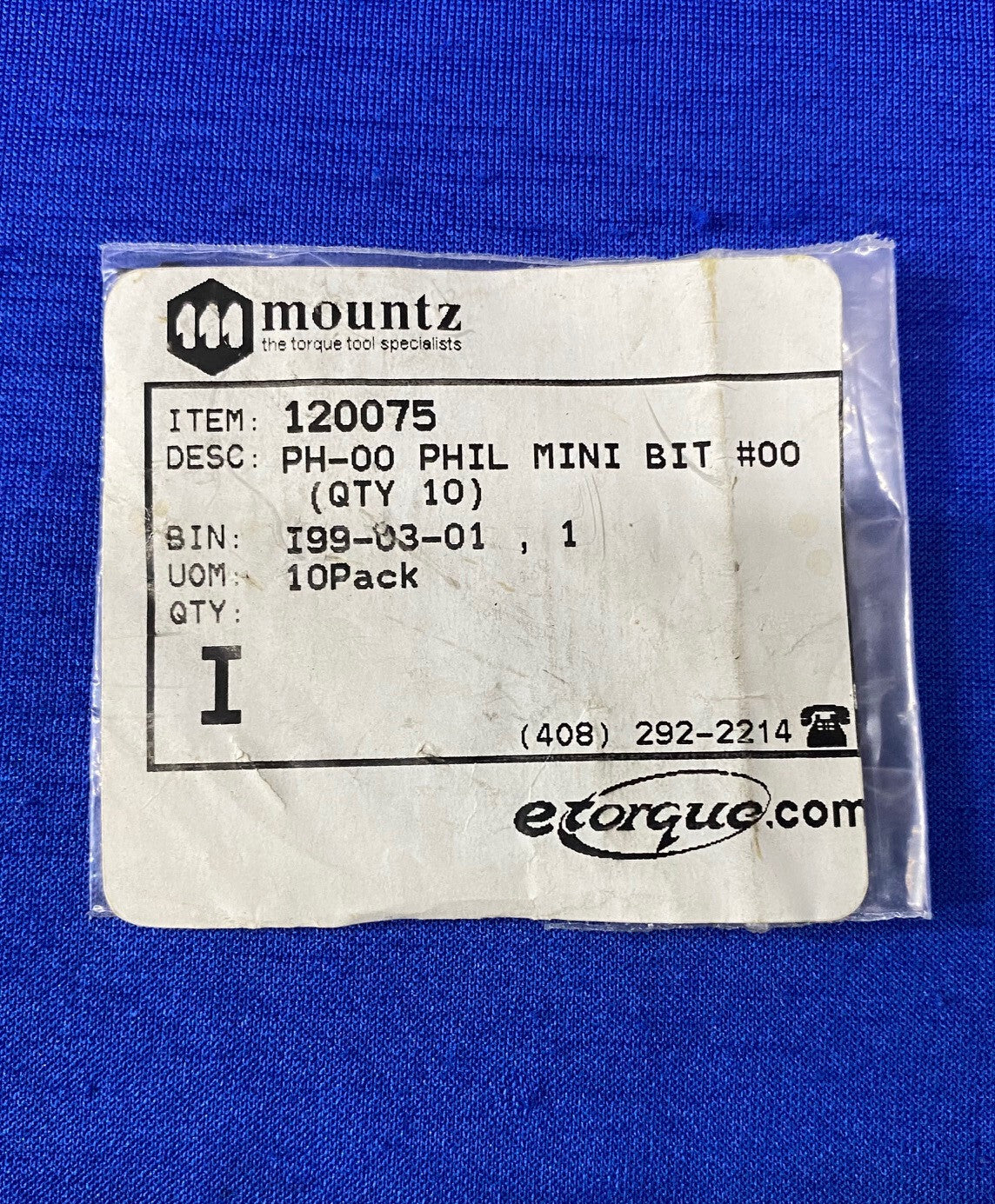 MOUNTZ 120075 PH-00 PHILLIPS  MINI BIT #00 - 1 PACKAGE OF QTY 10 BITS