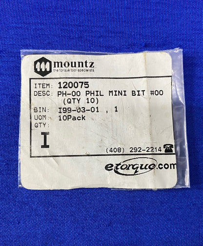 MOUNTZ 120075 PH-00 PHILLIPS  MINI BIT #00 - 1 PACKAGE OF QTY 10 BITS