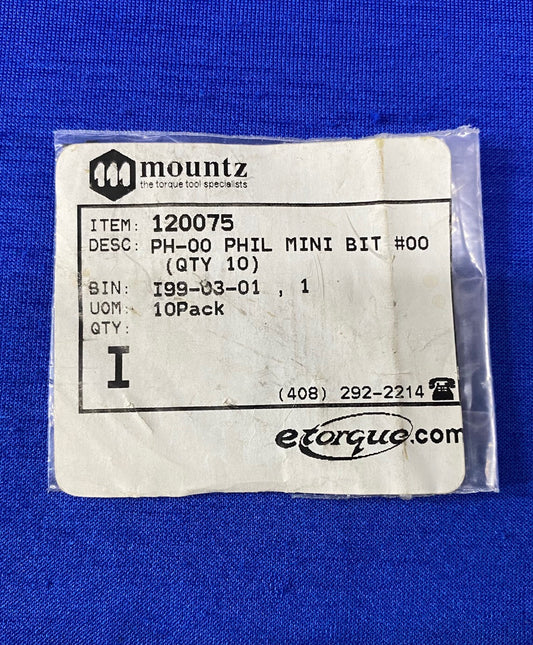 MOUNTZ 120075 PH-00 PHILLIPS  MINI BIT #00 - 1 PACKAGE OF QTY 10 BITS