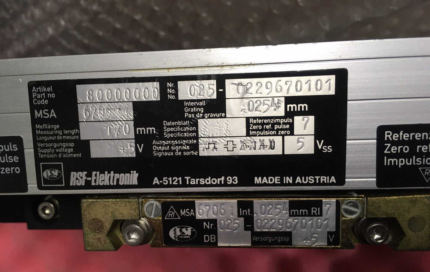 RSF ELEKTRONIK MSA 6706 67061 170MM LINEAR ENCODER W/ Parker Daedal 106061C20ELH