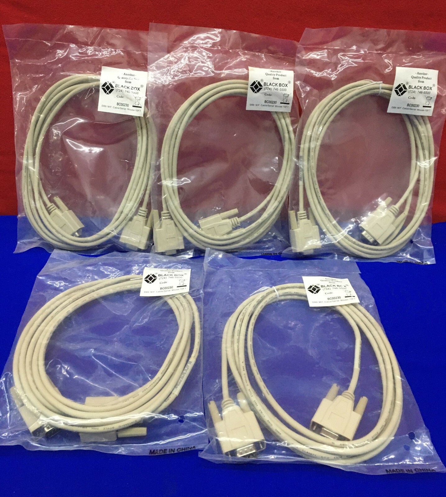 QTY 5 - BLACK BOX BC00230 DB9 M/F CABLE/SERIAL MOUSE-10FT