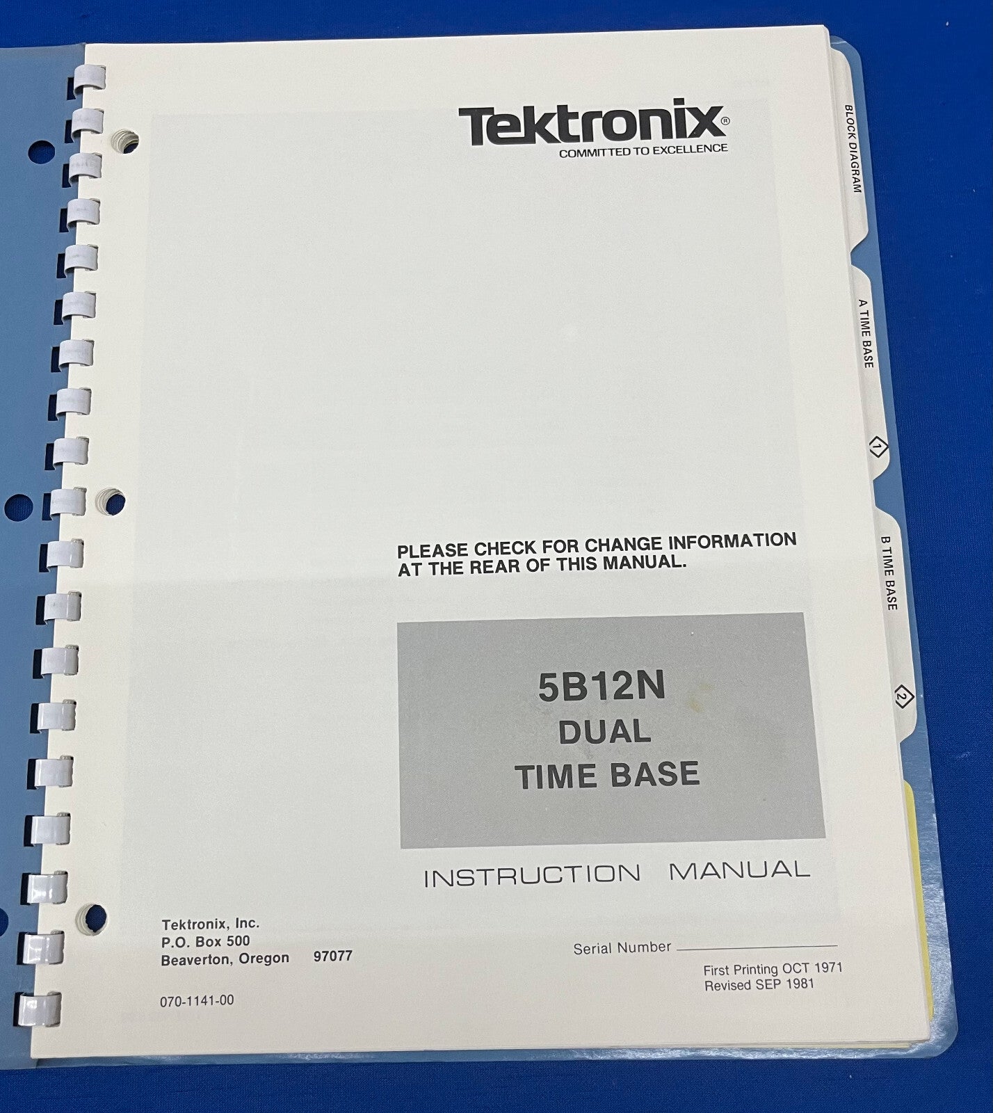 TEKTRONIX DUAL TIME BASE INSTRUCTION MANUAL 5B12N / 070-1141-00 - REVISED 9/1981