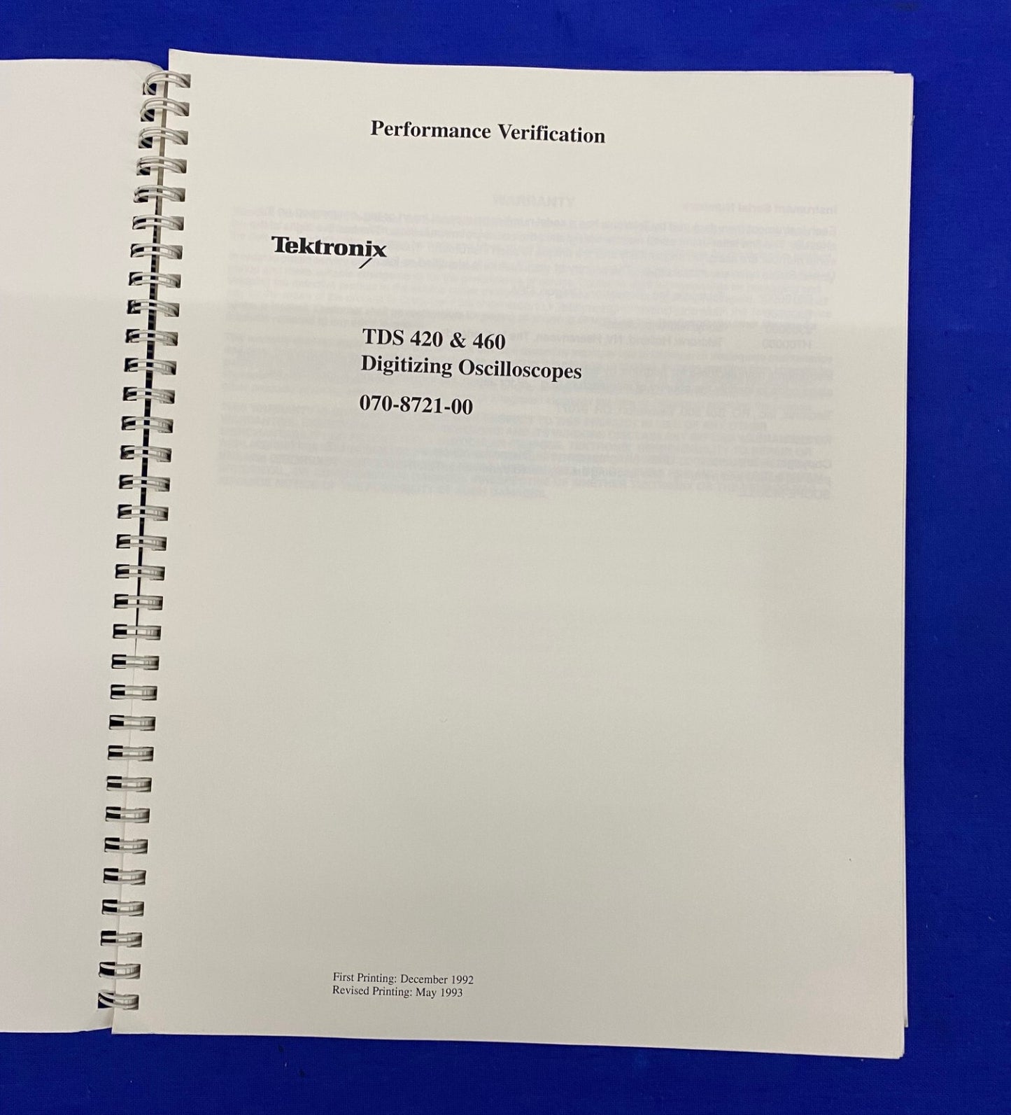 TEKTRONIX ® TDS 420 & 460 / 070-8721-00 DIGITIZING OSCILLOSCOPES MANUAL