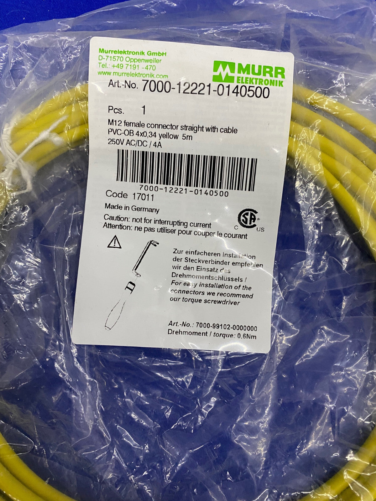 MURR ELEKTRONIK 7000-12221-0140500 M12 FEMALE CONNECTOR STRAIGHT - LOT OF 2