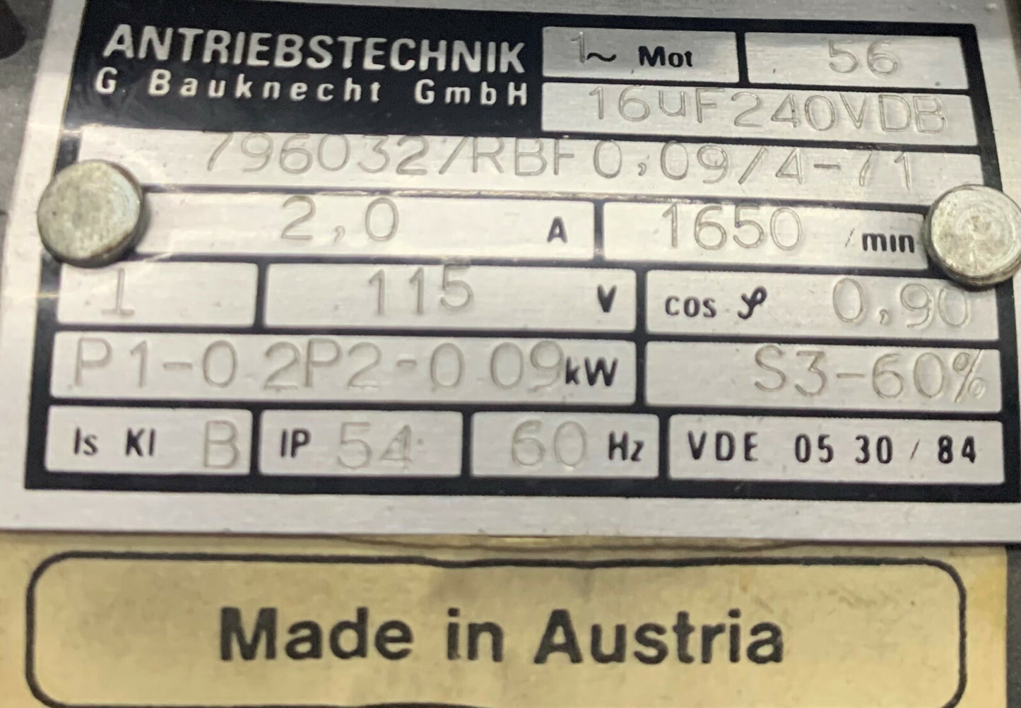 ANTRIEBSTECHNIK 7960327RBF0.0974-71 MOTOR 1650/min 2.0A 115V 60Hz. ITEM IS USED.