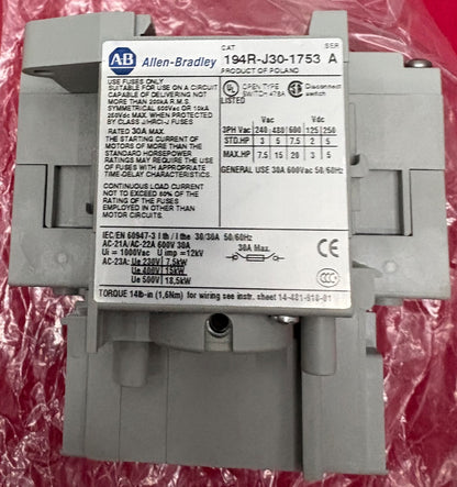 Allen Bradley AB 194R-J30-1753 SER A SWITCH DISCONNECTOR 3-POLE 600V 30AMP