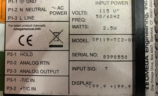 OMEGA DP119 DP119-TC2-GR THERMOCOUPLE MINIATURE PANEL THERMOMETER