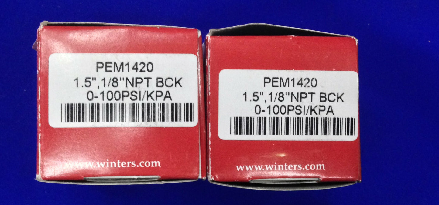 QTY 2 - WINTERS PEM1420 GAUGE 1.5" DIAL 1/8" NPT BACK 0-100PSI/KPA