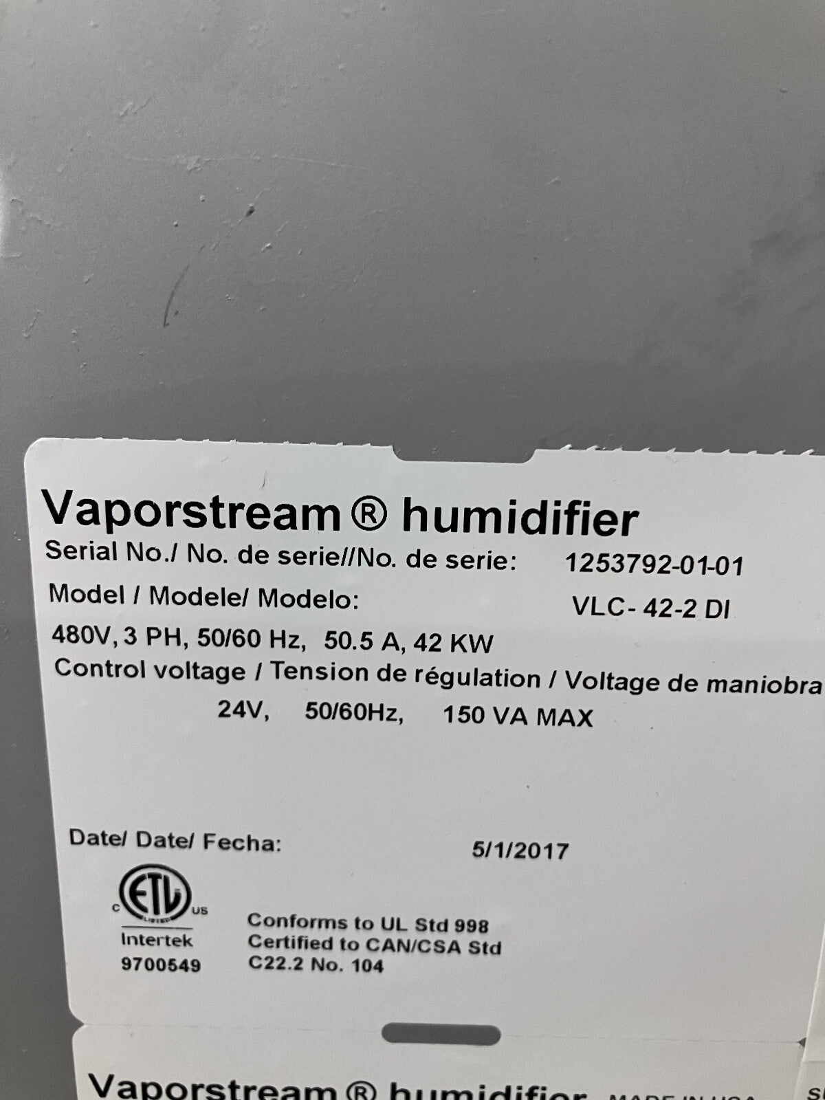 DRISTEEM™ VAPORSTREEM® 加湿器 VLC-42-2 DI 480V、3PH、50/60HZ、50.5A、42K