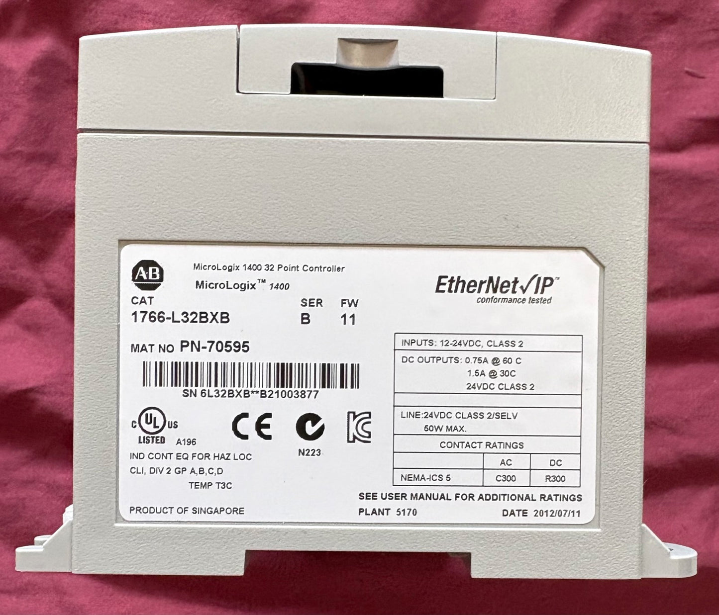 Allen Bradley AB 1766-L32BXB SER B MICROLOGIX 1400 32 PT CONTROLLER PN-70595
