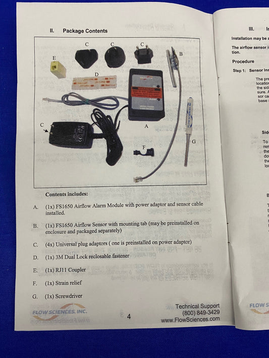 FLOW SCIENCES FS1650 ALARM - ITEM FOR PARTS REPAIR - MISSING PARTS D,E,F, & G