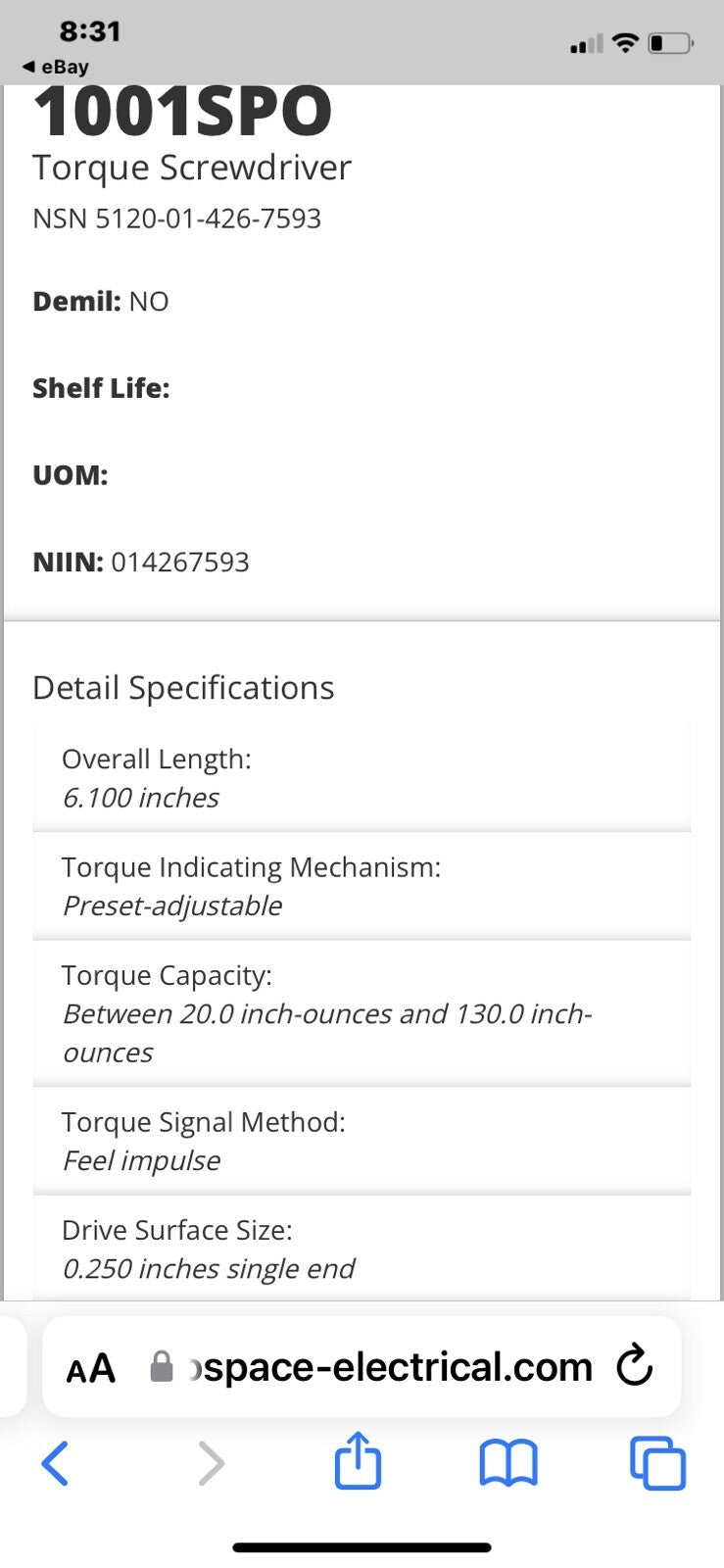 CONSOLIDATED DEVICES CDI TORQUE 1001SPO  1/4" DRIVE TORQUE SCREWDRIVER